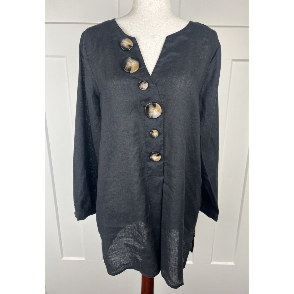 Vince Camuto 100% Linen Tunic Blouse M Black Oversized Tortoise Buttons Summer
